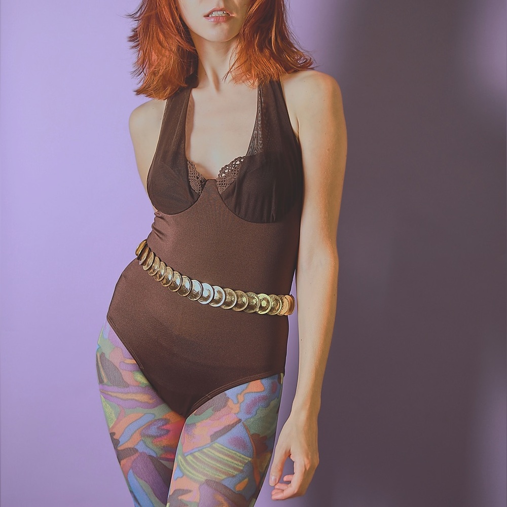 vintage 80s/90s sexy brown one-piece halter swimsuit